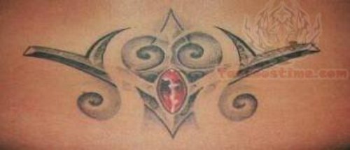 Grey Tribal Red Stone Lower Back Tattoo